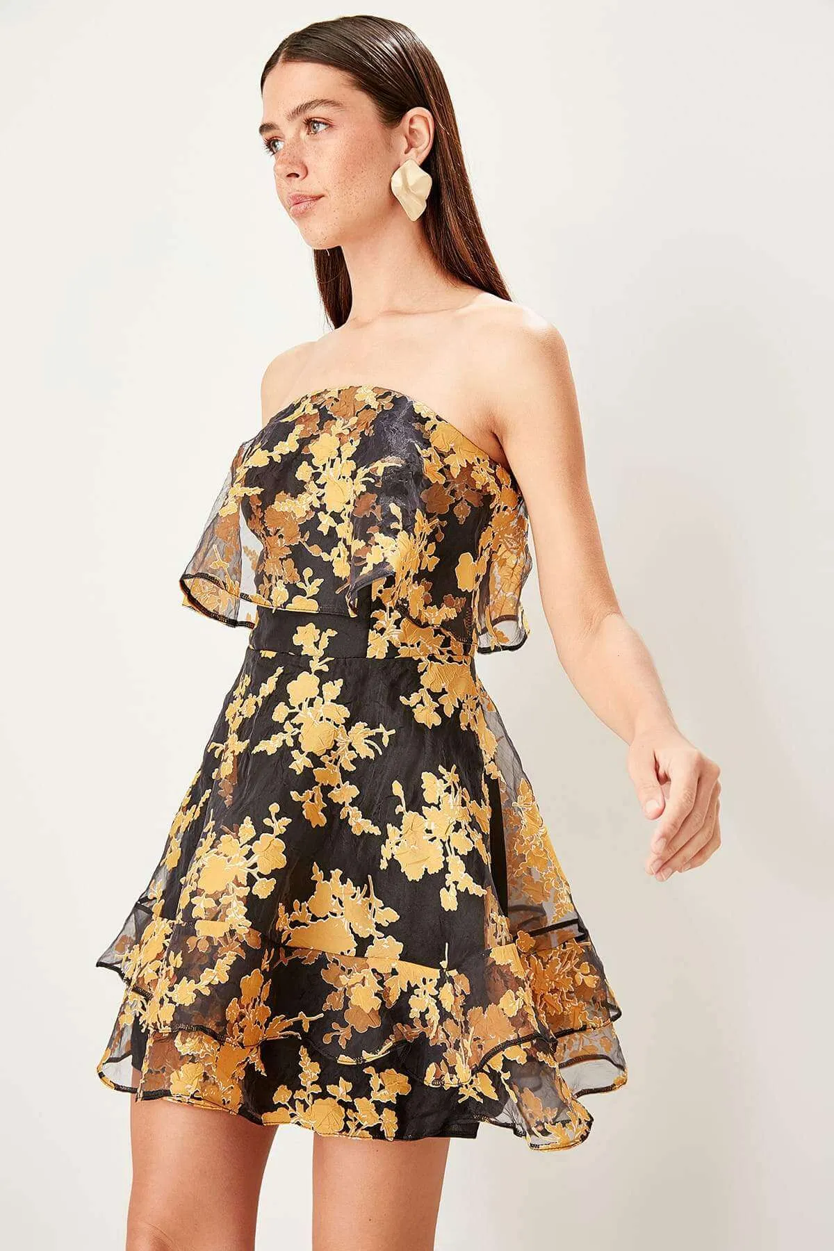 11647 Black-Yellow Floral Strapless Dress