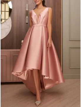 A-Line Cocktail Dresses Elegant Dress Wedding Wedding Guest Asymmetrical Sleeveless V Neck Satin with Bow(s) Pleats