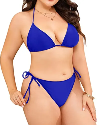 Adjustable Tie-Side Plus Size String Triangle Bikini For Women-Royal Blue