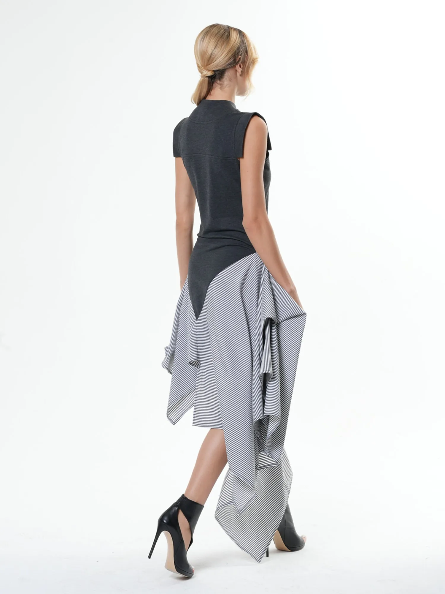 Asymmetric Stripped Pattern Dress With Gray Top