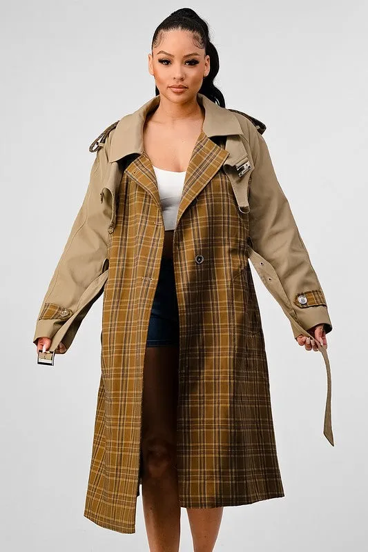 ATHINA PLAID AND KHAKI CONTRAST TRENCH COAT