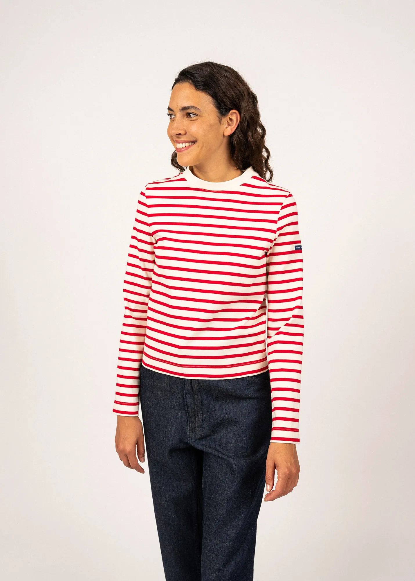 Barfleur short sailor striped shirt - high neck, in cotton (ECRU/TULIPE)