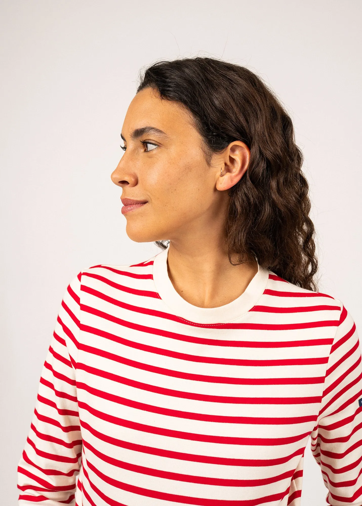 Barfleur short sailor striped shirt - high neck, in cotton (ECRU/TULIPE)