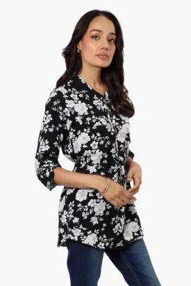 Beechers Brook Floral Belted Roll Up Sleeve Blouse - Black