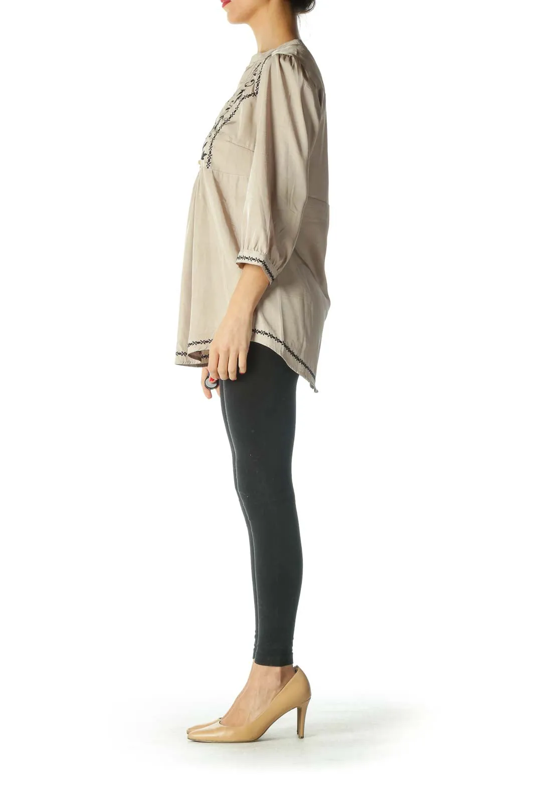 Beige Black Embroidered Shiny Tunic Top