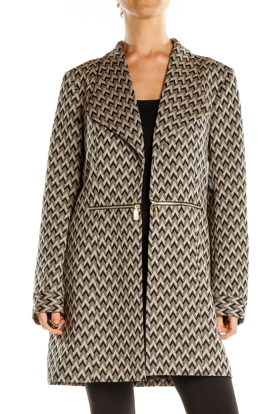 Beige Black Printed Coat