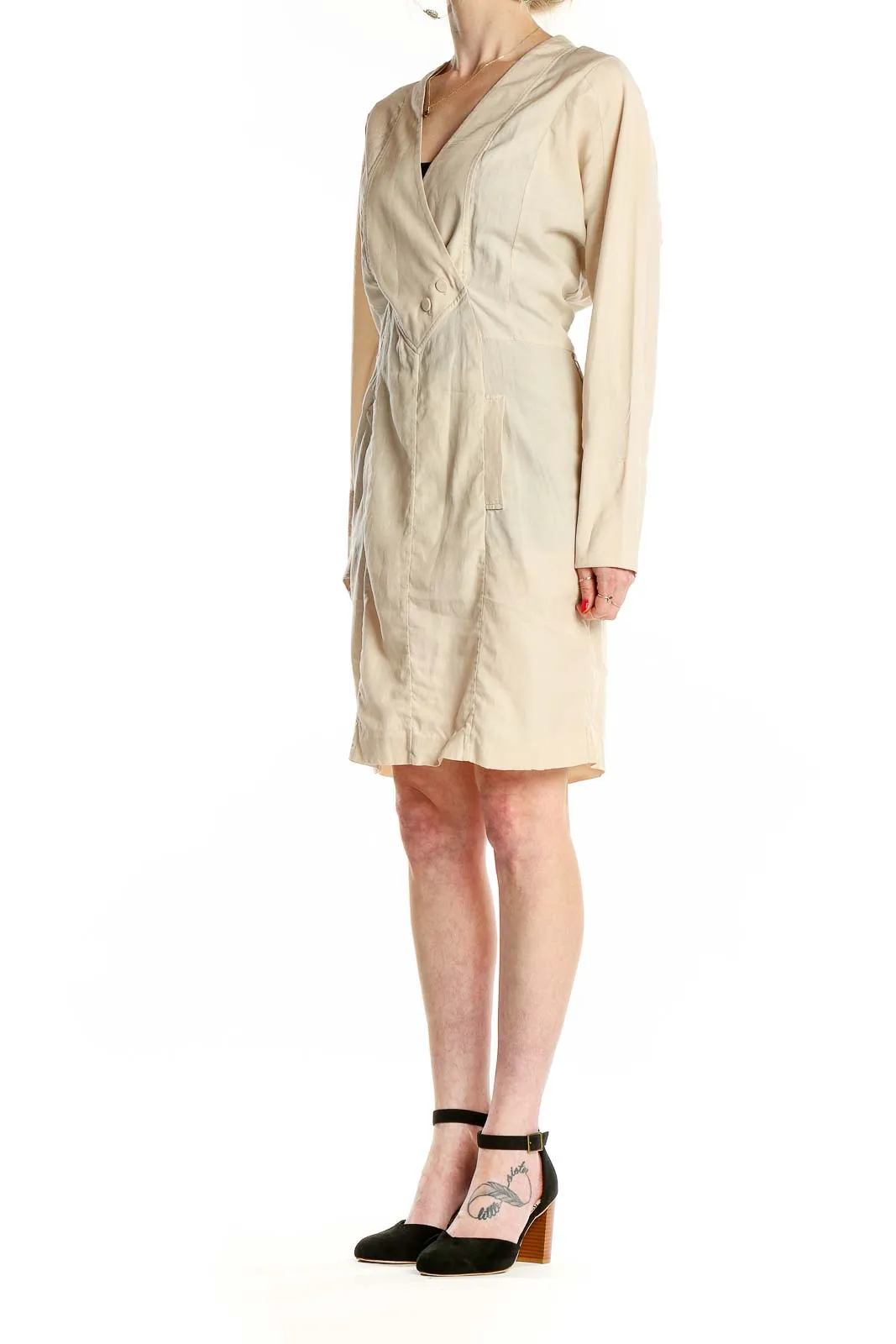 Beige Cotton-Rayon Wrap Dress