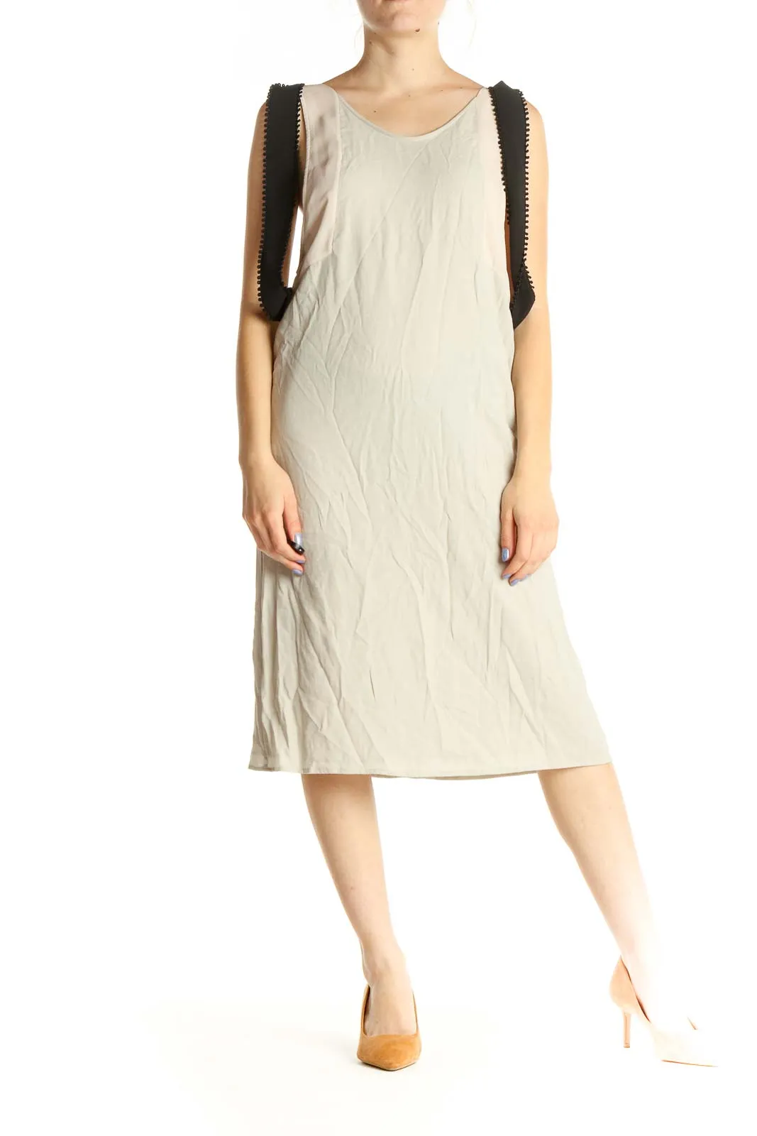 Beige Solid Classic Shift Dress