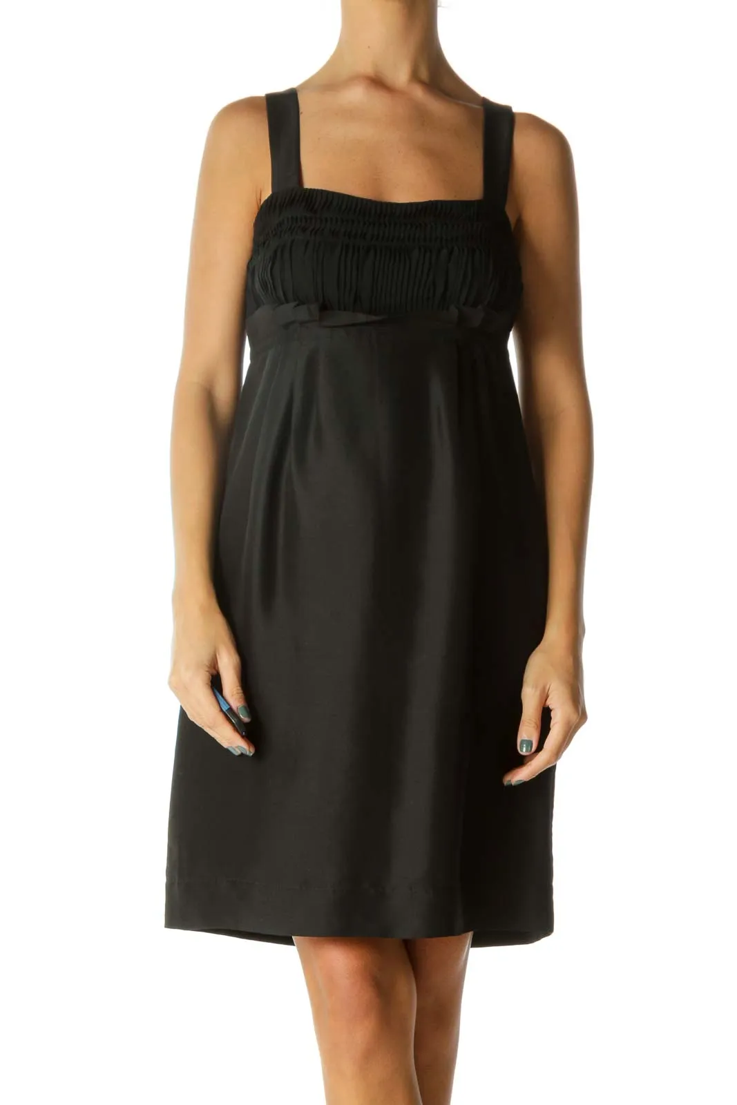 Black 100% Silk Pleated A-Line Sleeveless Cocktail Dress