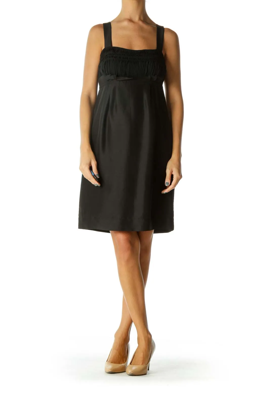 Black 100% Silk Pleated A-Line Sleeveless Cocktail Dress