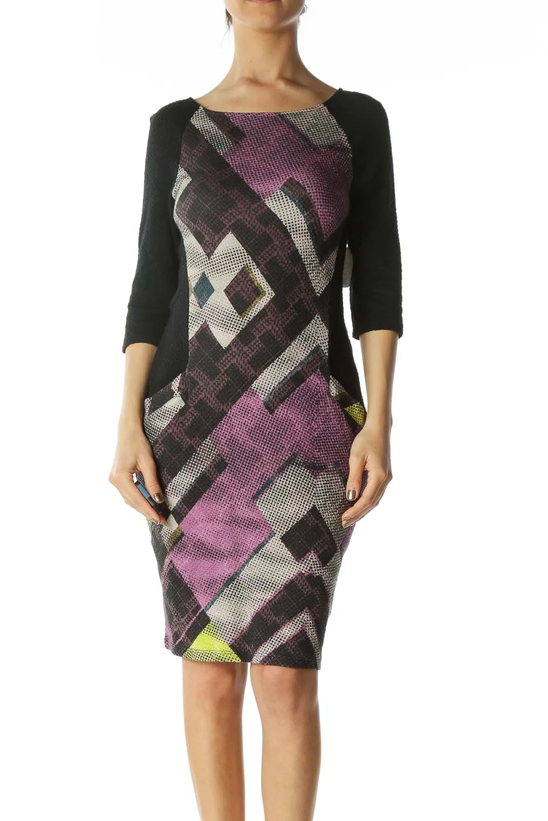 Black and Multicolored Patterned Bodycon Dress