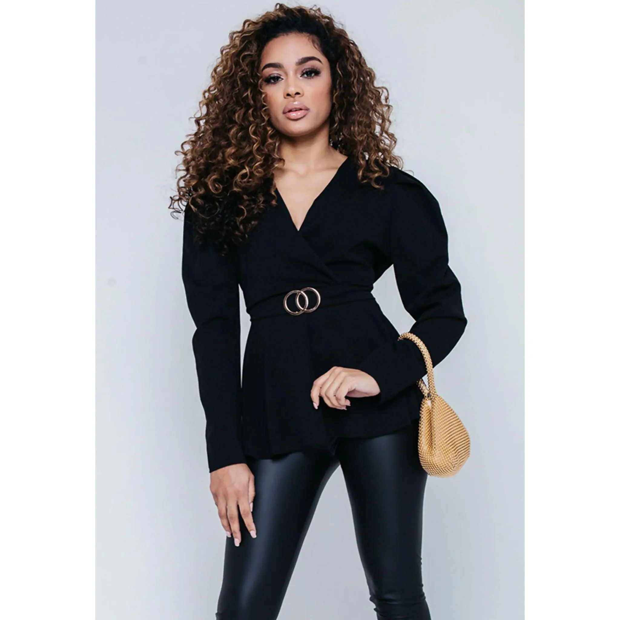 Black Puff Shoulder Back Knot Belted Blouse