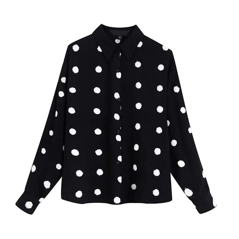 Blouse Shirt Women Embroidery Dot Top Turn Down