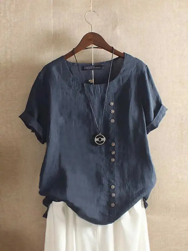 Bonnyshow  Women Summer Short Sleeve Blouse Vinatge Cotton Shirt Casual Loose Buttons Tops Femininas Blusas Work Top OL Chemise