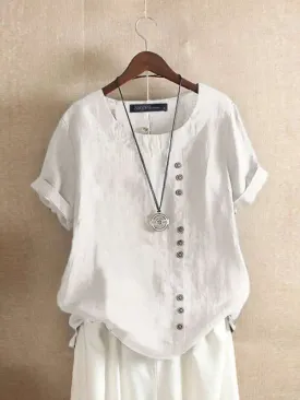 Bonnyshow  Women Summer Short Sleeve Blouse Vinatge Cotton Shirt Casual Loose Buttons Tops Femininas Blusas Work Top OL Chemise