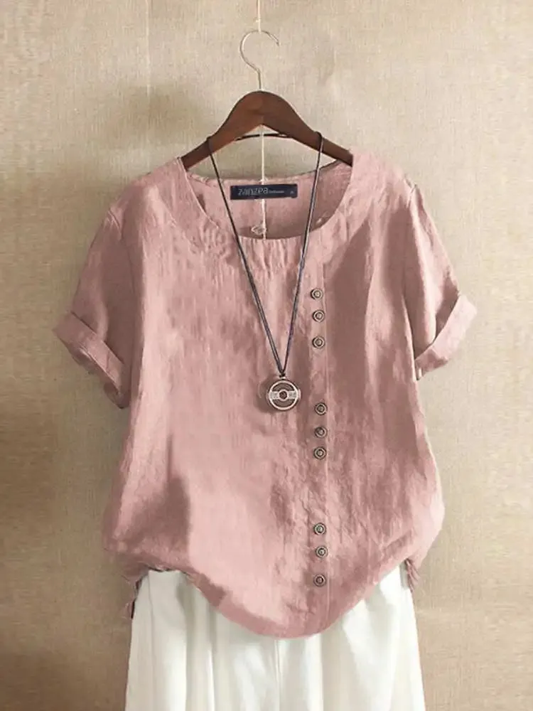 Bonnyshow  Women Summer Short Sleeve Blouse Vinatge Cotton Shirt Casual Loose Buttons Tops Femininas Blusas Work Top OL Chemise