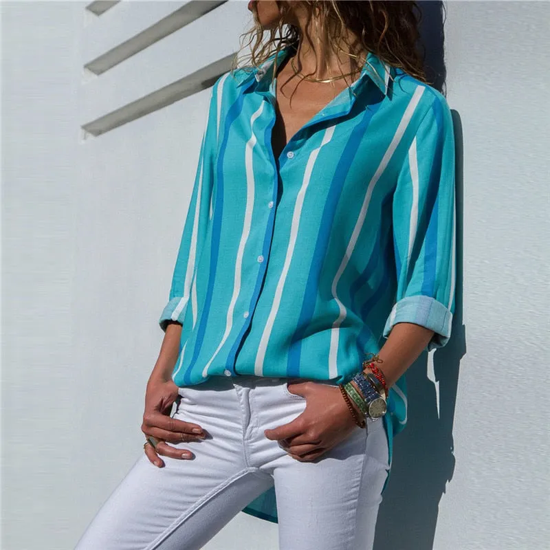 Chiffon Blouse Women Long Sleeve Striped Shirt