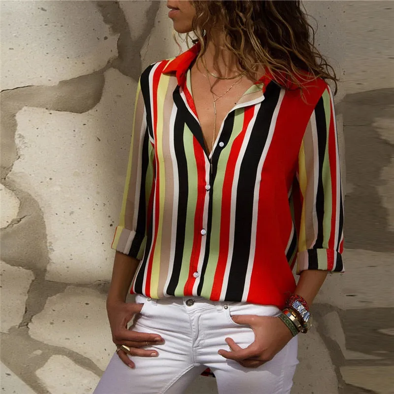 Chiffon Blouse Women Long Sleeve Striped Shirt