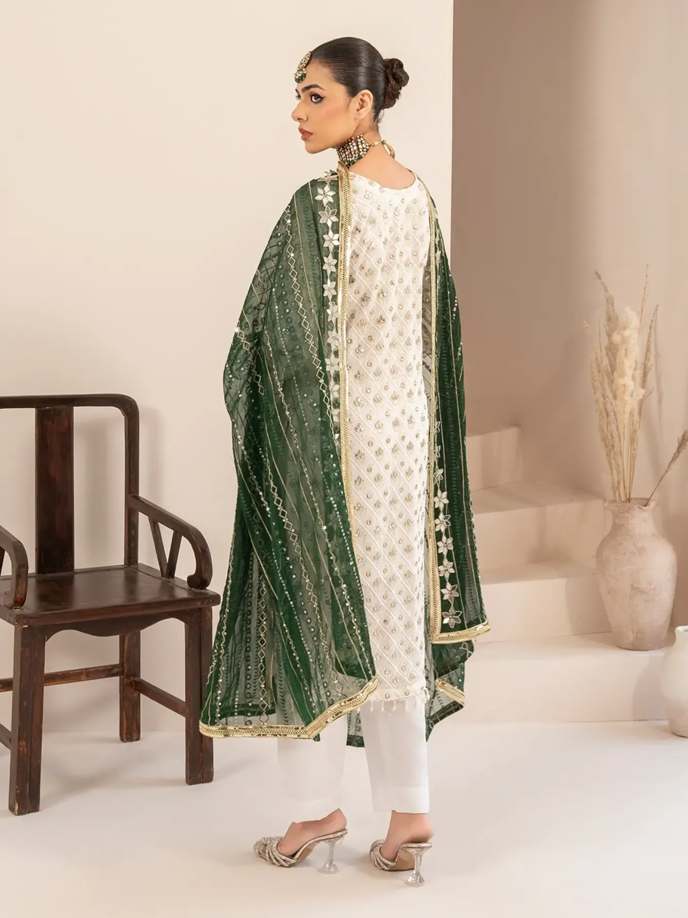 Chiffon Embroidered & Embellished 3-Piece Suit - Green