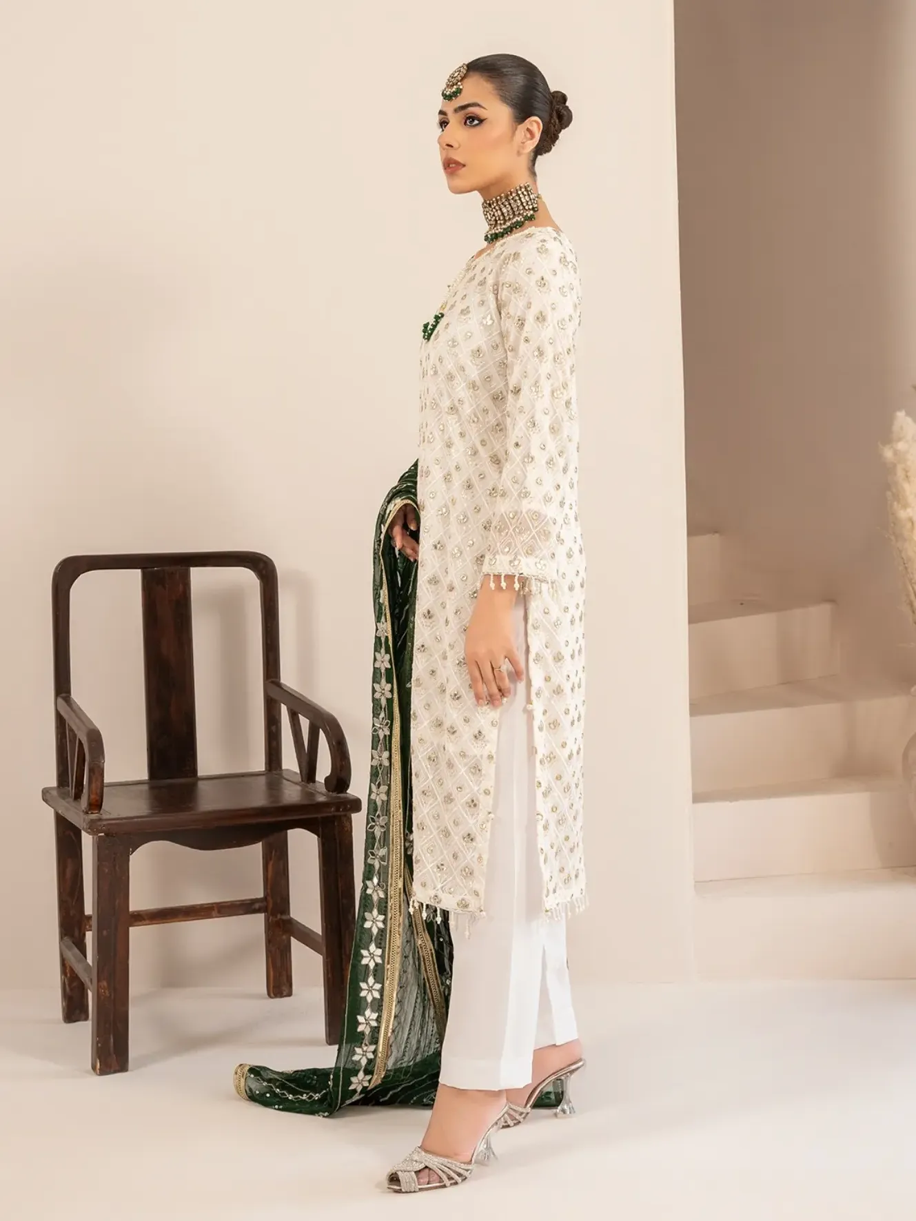 Chiffon Embroidered & Embellished 3-Piece Suit - Green