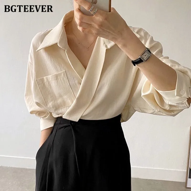 Christmas Gift Joskaa Casual Turn-down Collar Women Solid Blouses Tops 2024 Autumn Full Sleeve Pocket Female Shirts Elegant Ladies Blusas