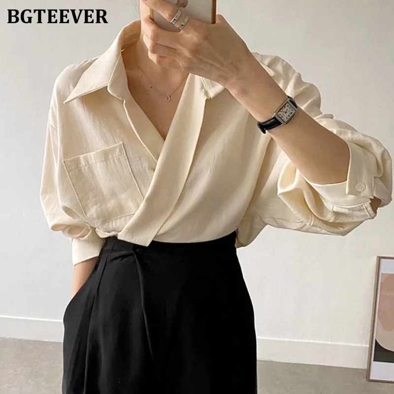 Christmas Gift Joskaa Casual Turn-down Collar Women Solid Blouses Tops 2024 Autumn Full Sleeve Pocket Female Shirts Elegant Ladies Blusas