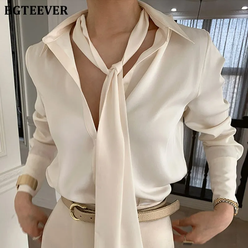 Christmas Gift Joskaa Chic Turn-down Collar Scarf  Women Shirts 2024 Spring Summer Ladies Single-breasted Blouses Tops Elegant Female Tops