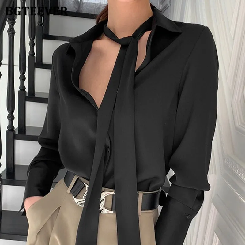 Christmas Gift Joskaa Chic Turn-down Collar Scarf  Women Shirts 2024 Spring Summer Ladies Single-breasted Blouses Tops Elegant Female Tops