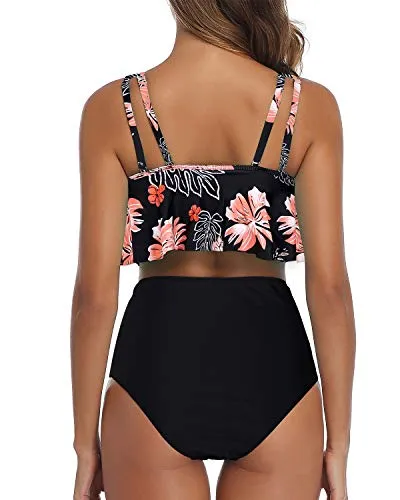 Conservative And Flirty Two Piece Bikini For Women-Black Orange Floral