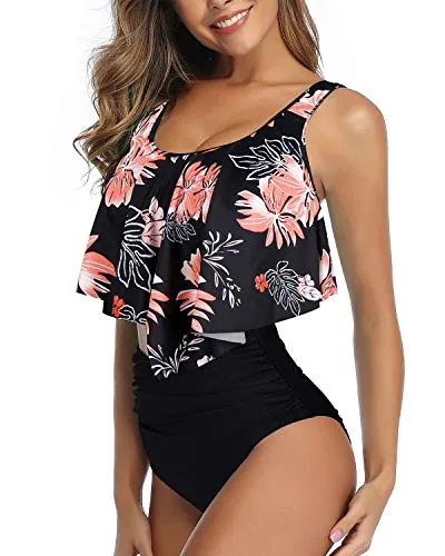 Conservative And Flirty Two Piece Bikini For Women-Black Orange Floral