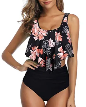 Conservative And Flirty Two Piece Bikini For Women-Black Orange Floral