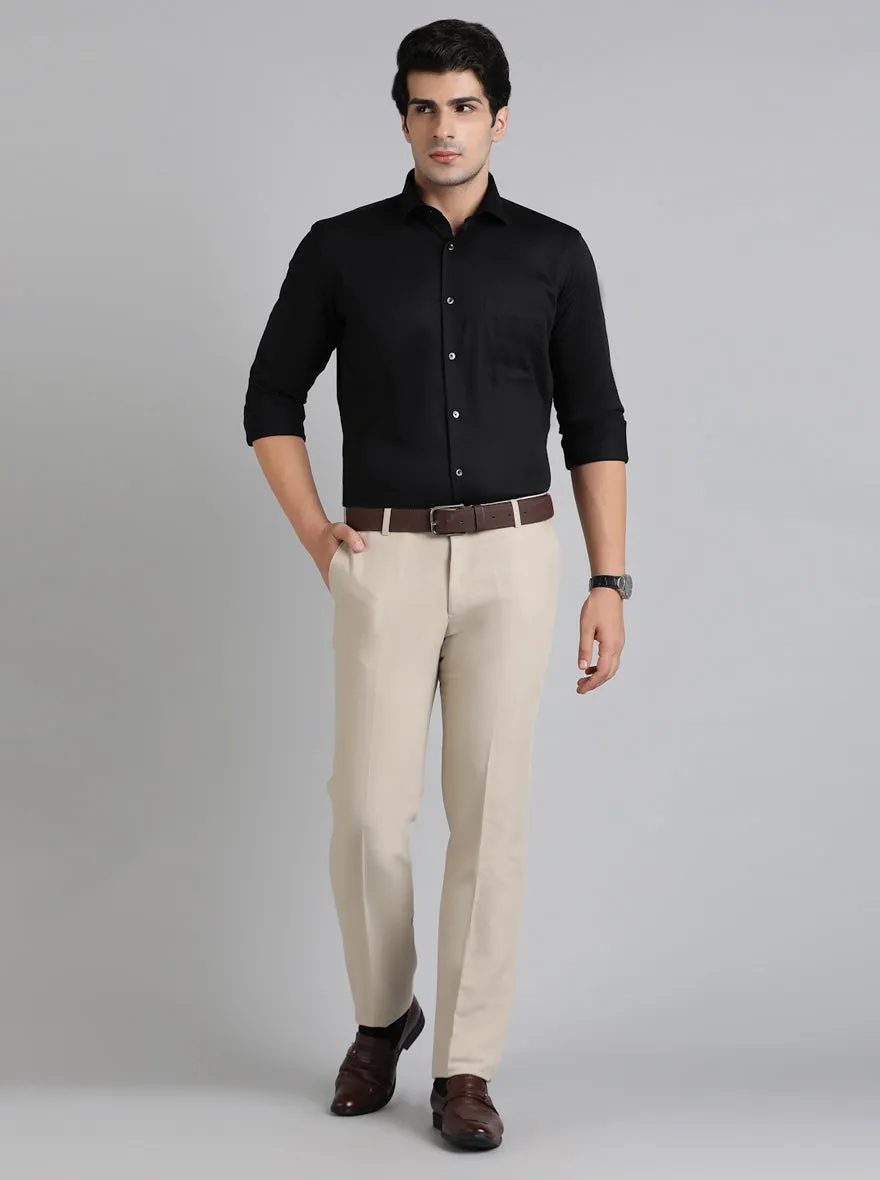 Cream Solid Slim Fit Formal Trouser | Metal