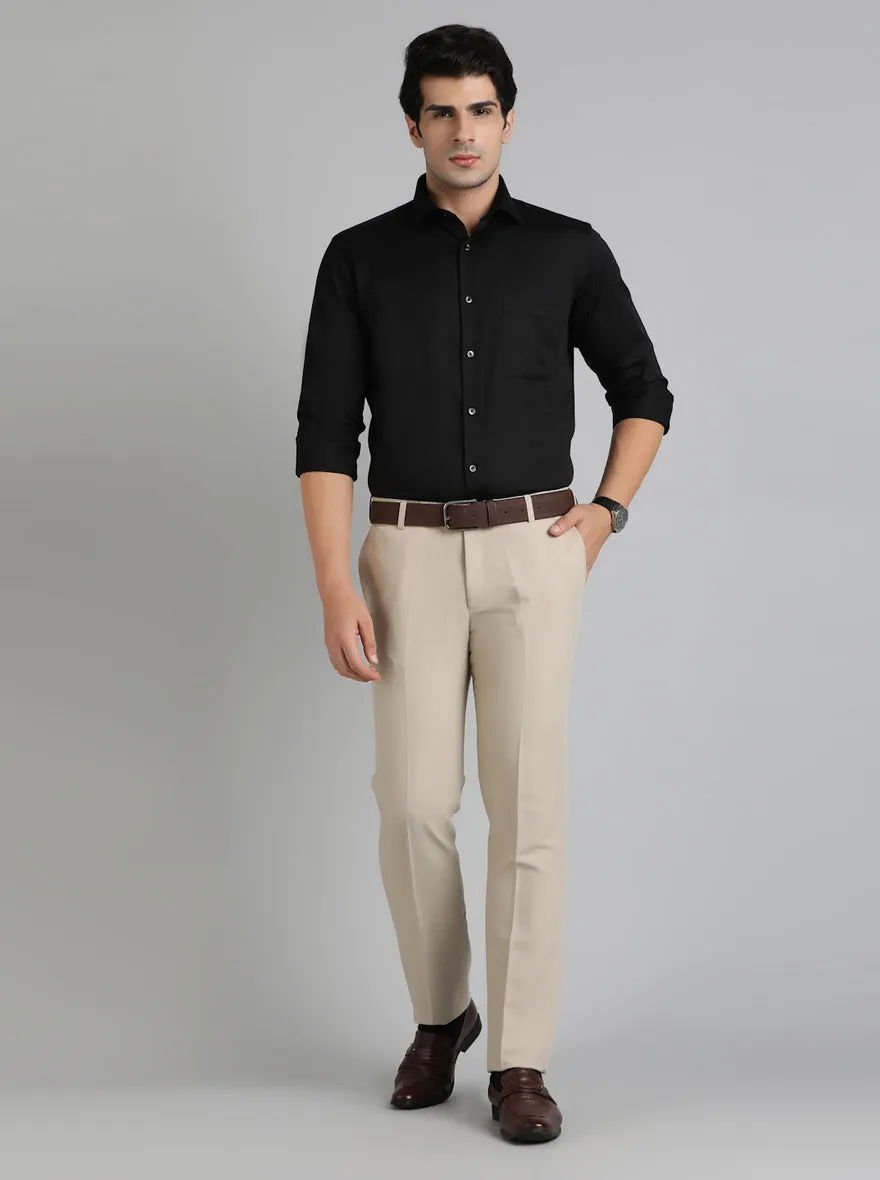 Cream Solid Slim Fit Formal Trouser | Metal