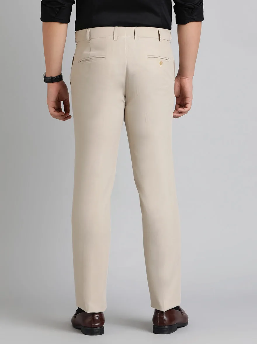 Cream Solid Slim Fit Formal Trouser | Metal