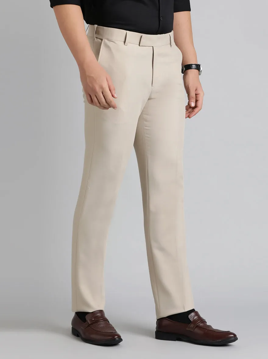 Cream Solid Slim Fit Formal Trouser | Metal