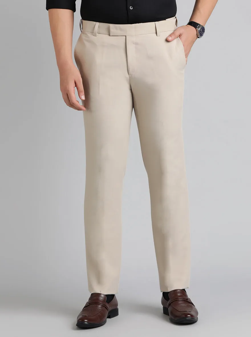 Cream Solid Slim Fit Formal Trouser | Metal