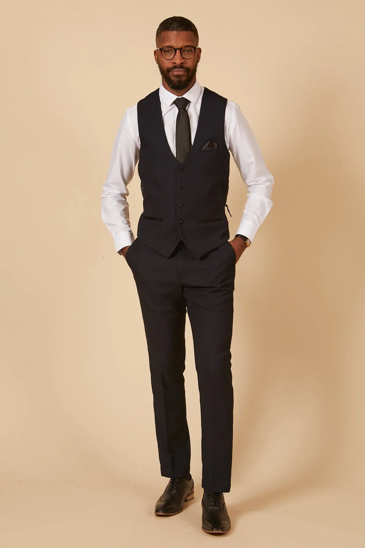 DALTON - Navy Tux Lapel Diamond Three Piece Suit