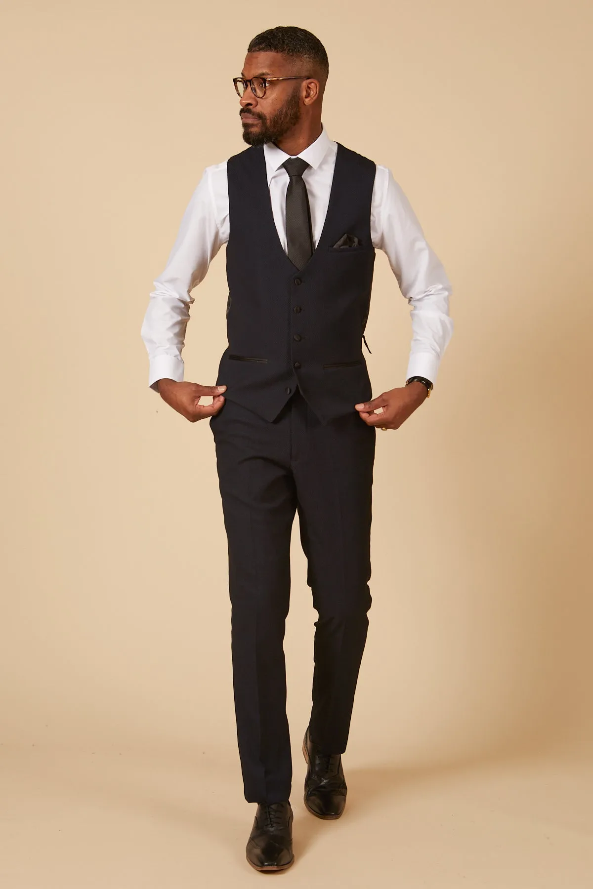 DALTON - Navy Tux Lapel Diamond Three Piece Suit