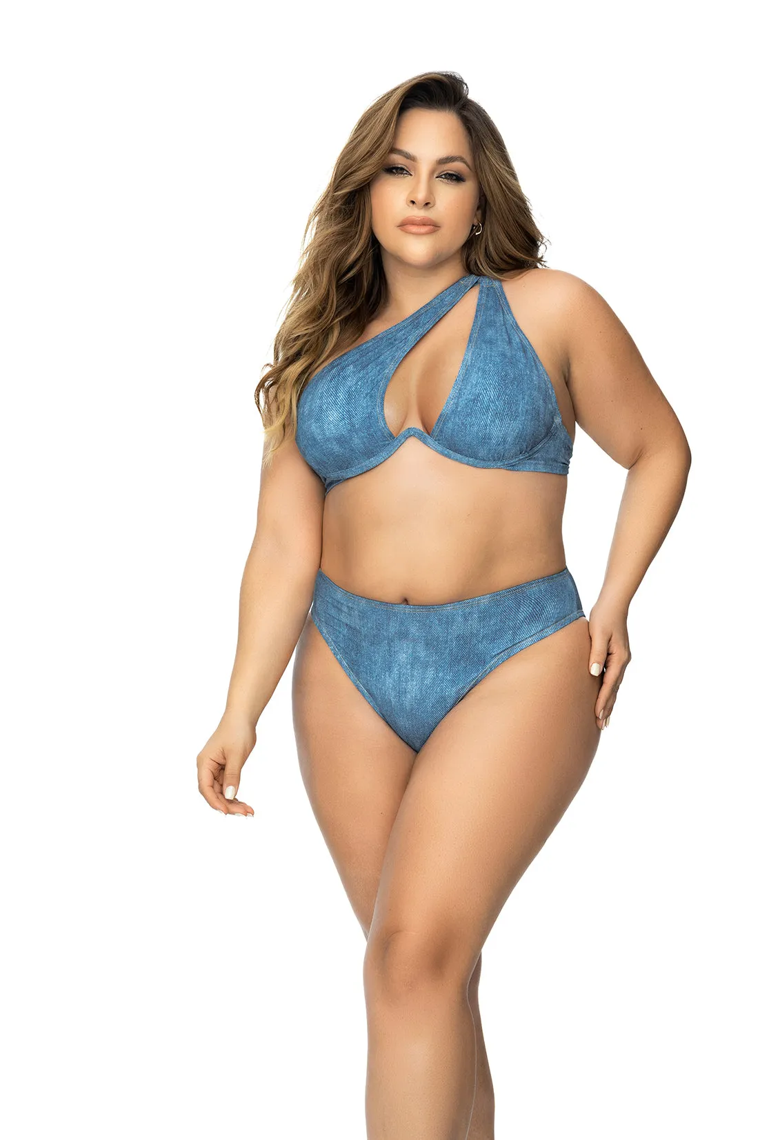 Denim Print Asymmetric Bikini Set