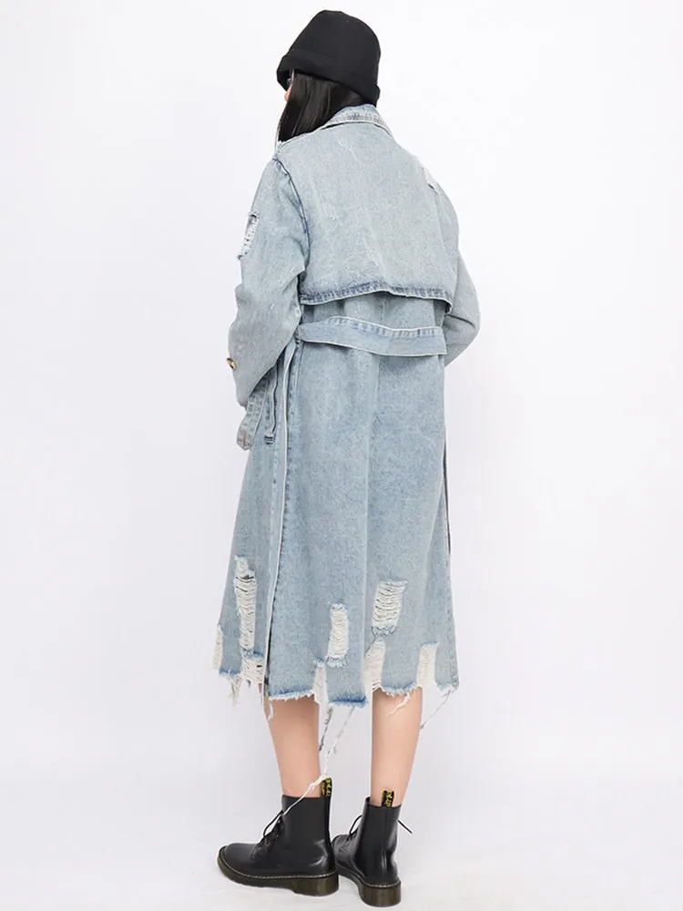 Double-Breasted Hollow Out Denim Trench Coat