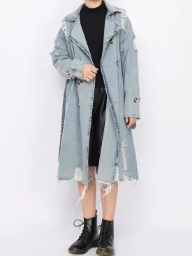 Double-Breasted Hollow Out Denim Trench Coat