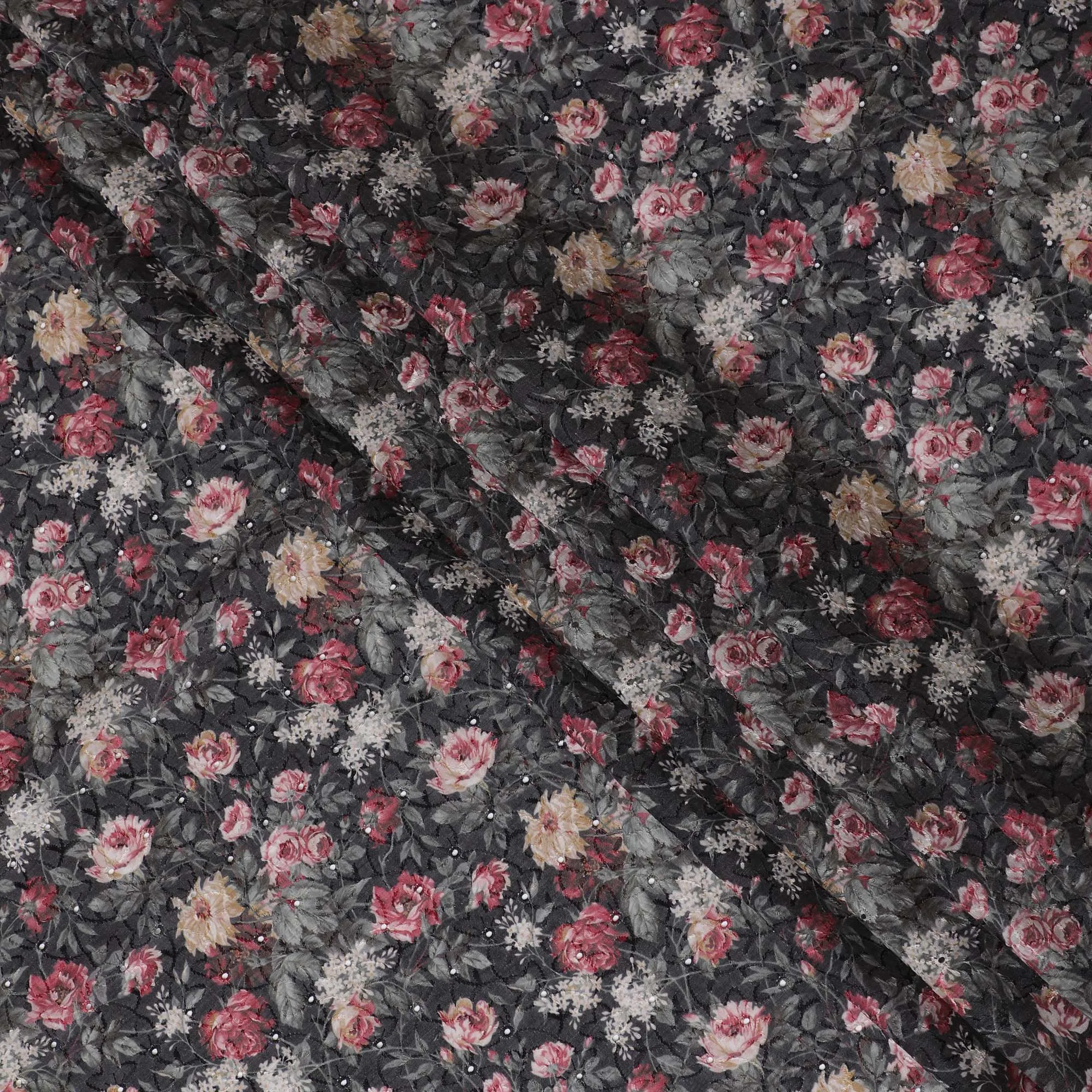 Elegant Dark Floral blended Cotton Lawn Fabric with Intricate Embroidery - 110 cm Wide - D19584