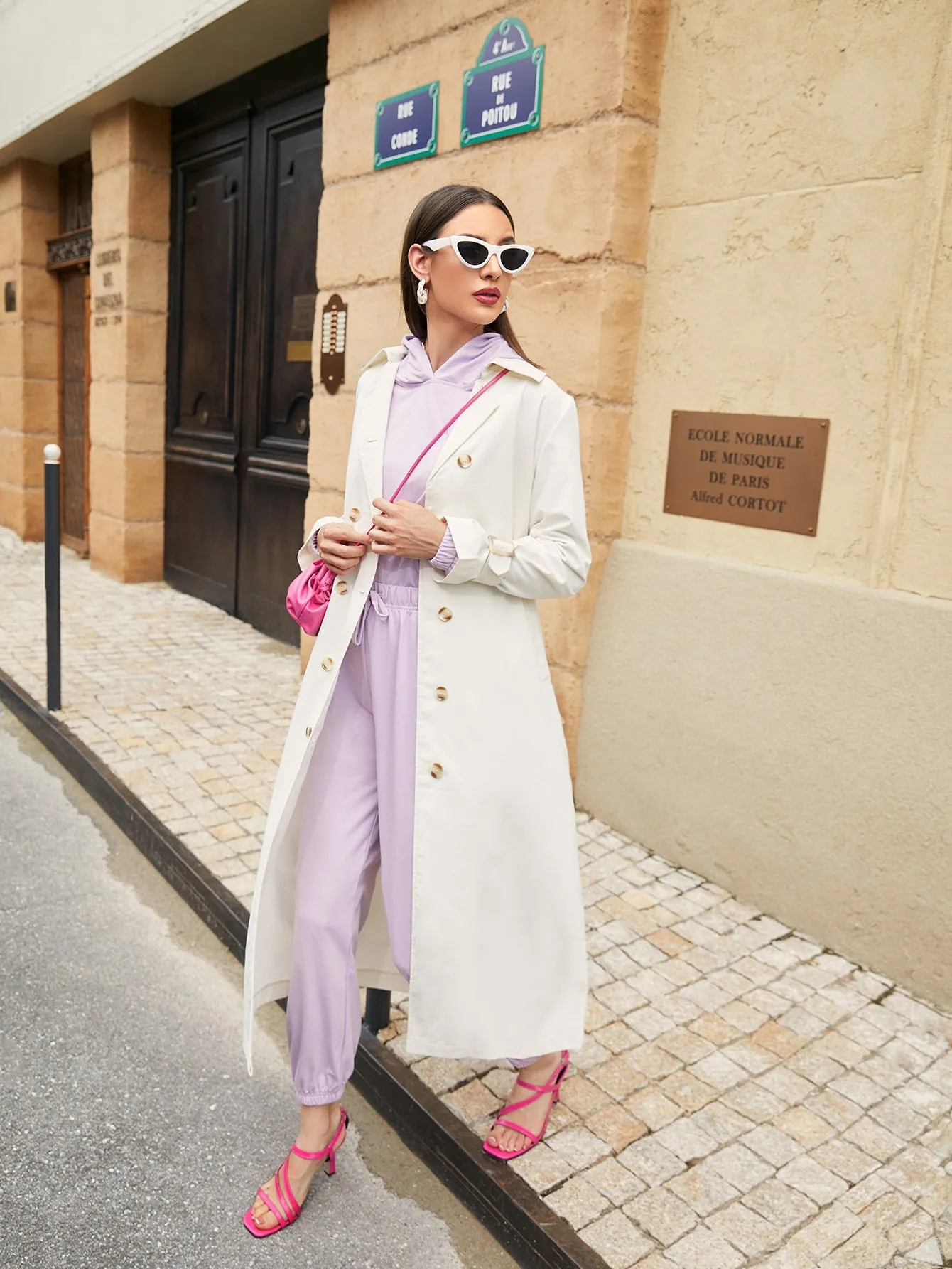 Elegant Plain Belted Long Sleeve Lapel Long Women Trench Coat