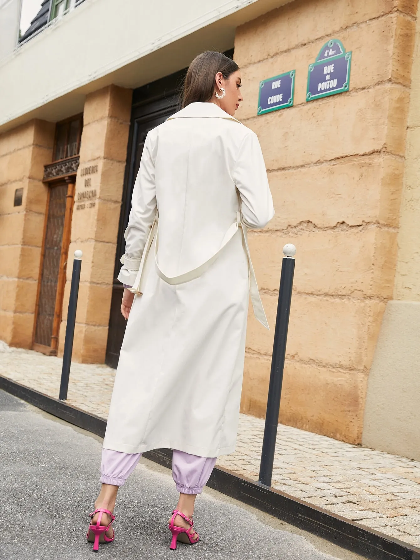 Elegant Plain Belted Long Sleeve Lapel Long Women Trench Coat