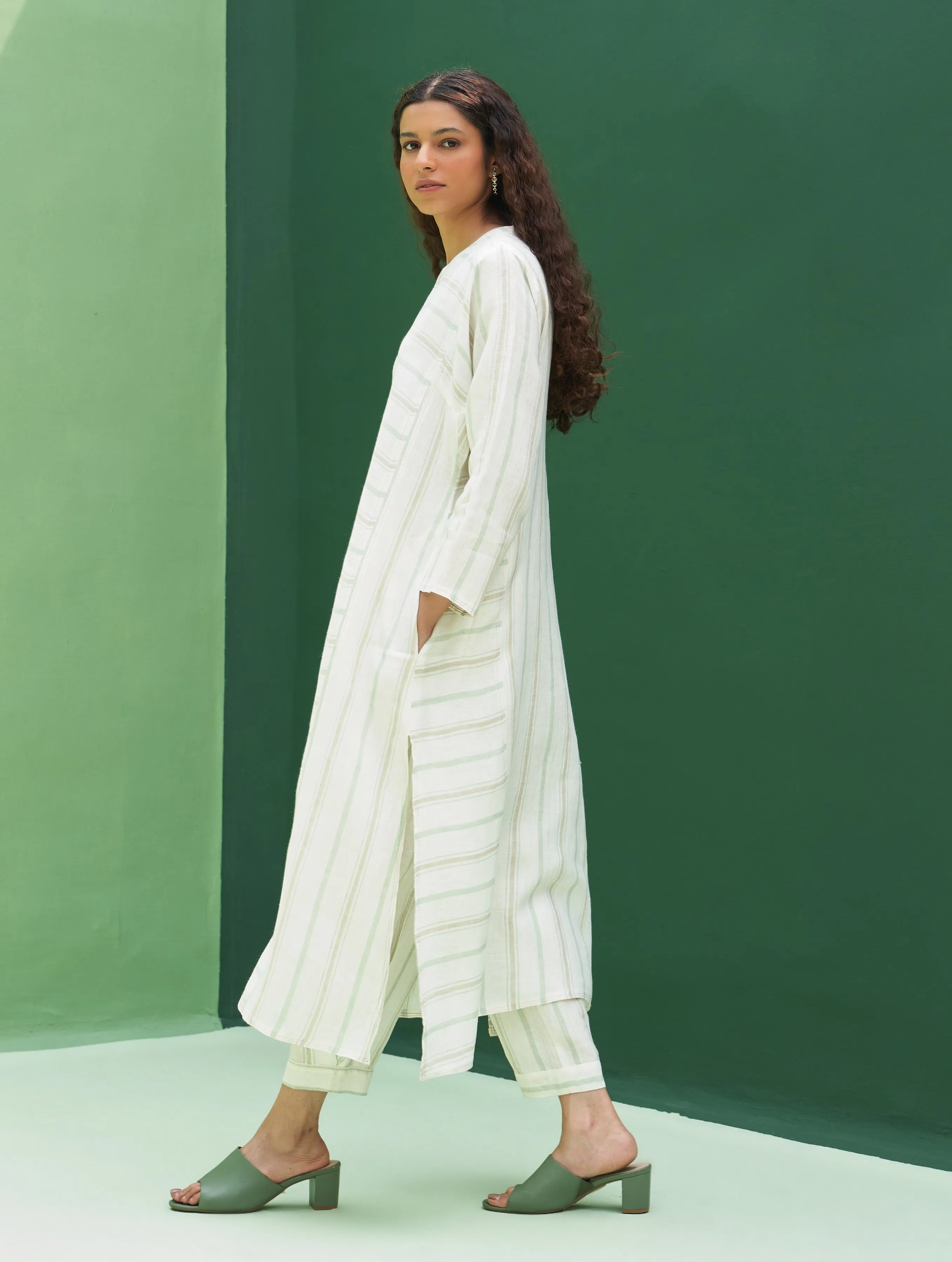 Ezra Striped Linen Kurta Set - Mint