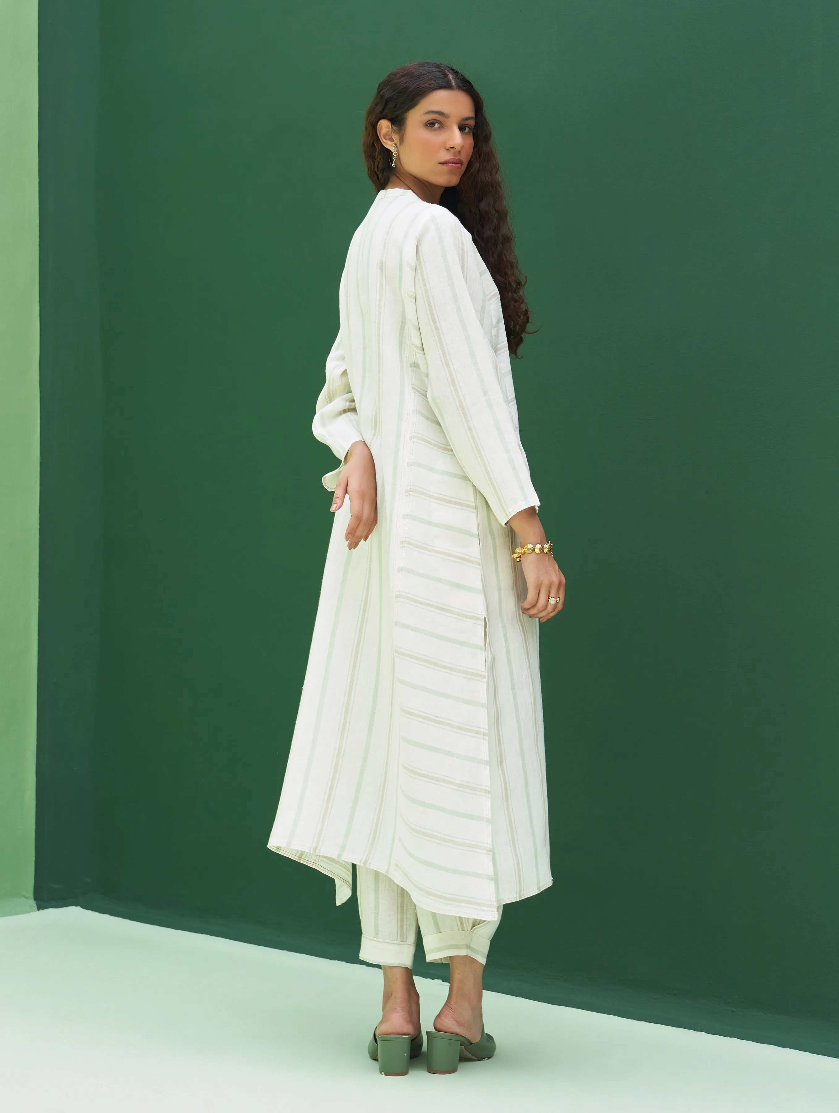 Ezra Striped Linen Kurta Set - Mint