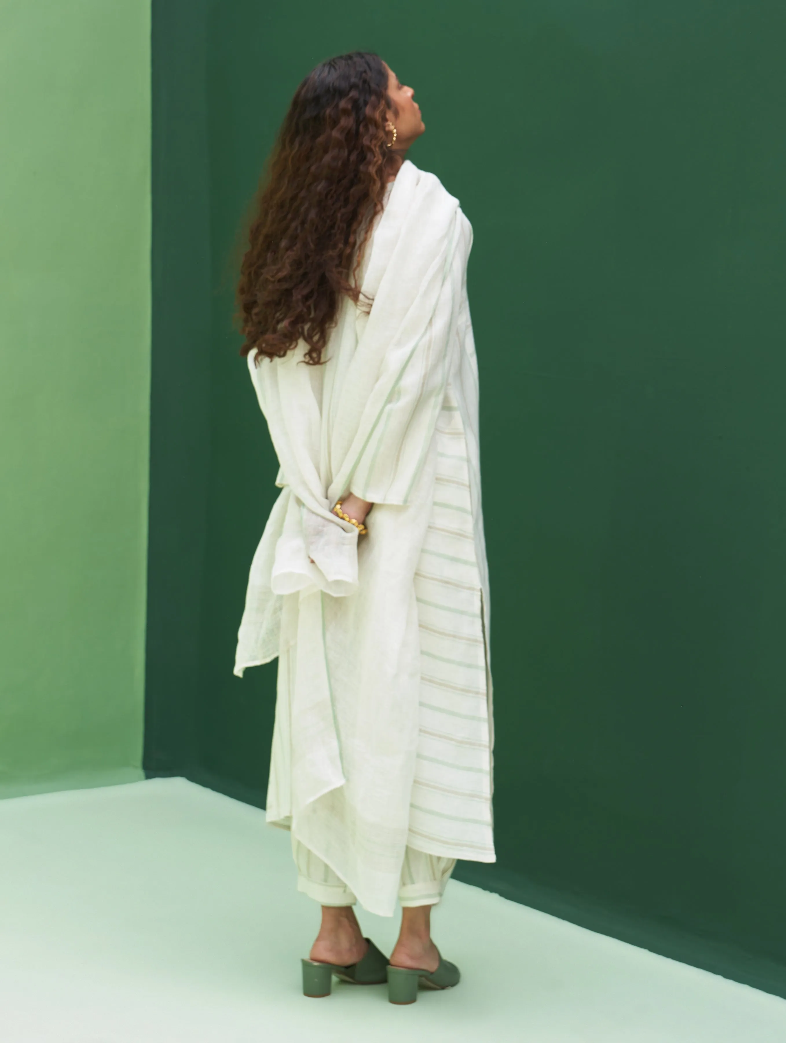 Ezra Striped Linen Kurta Set - Mint