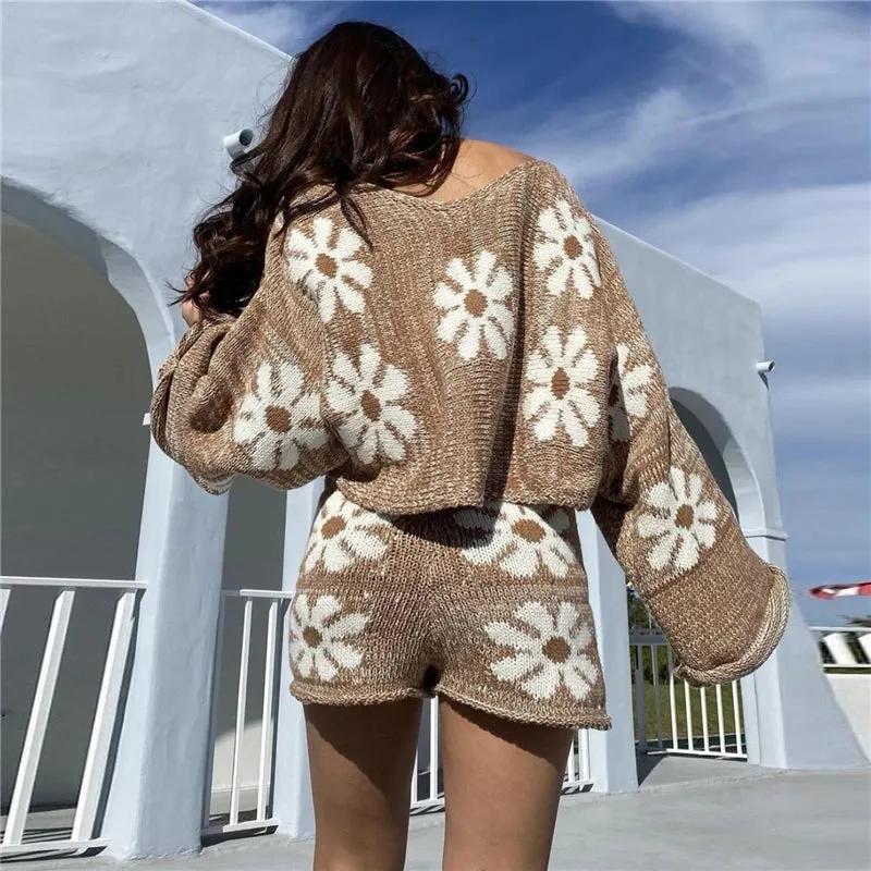 Fashionkova FUFUCAILLM 2 Pieces Fall Knitted Sets Women Long Sleeve Slash Floral Knit Sweater   Zip Up Shorts Suits Loose Fashion Outfits