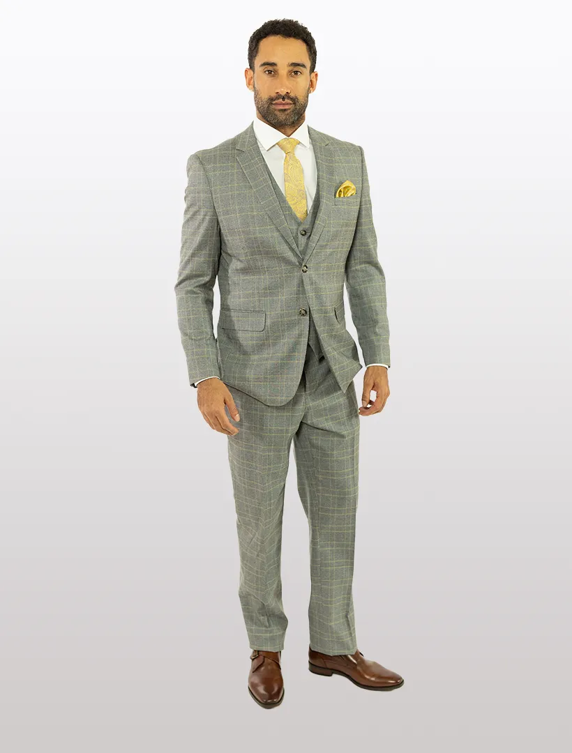 FUBU Grey with Yellow Double Windowpane Vested Suit