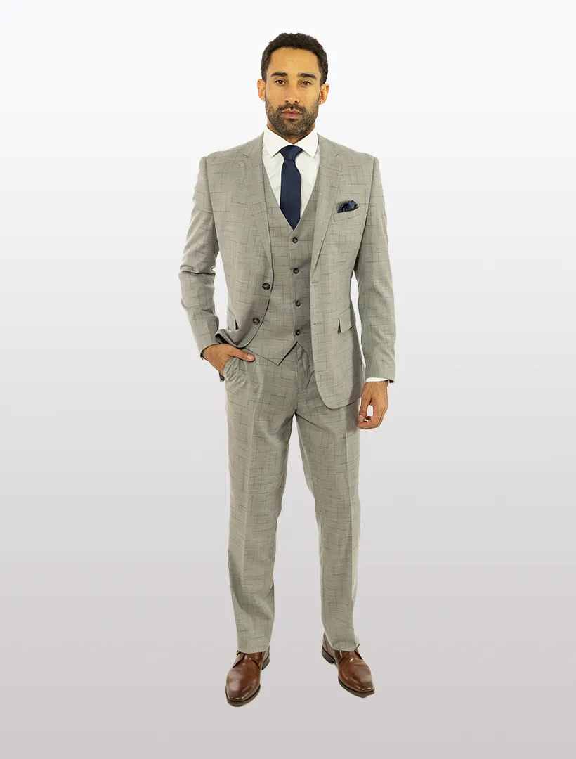 FUBU Light Grey with Navy Fading Windowpane Vested Suit